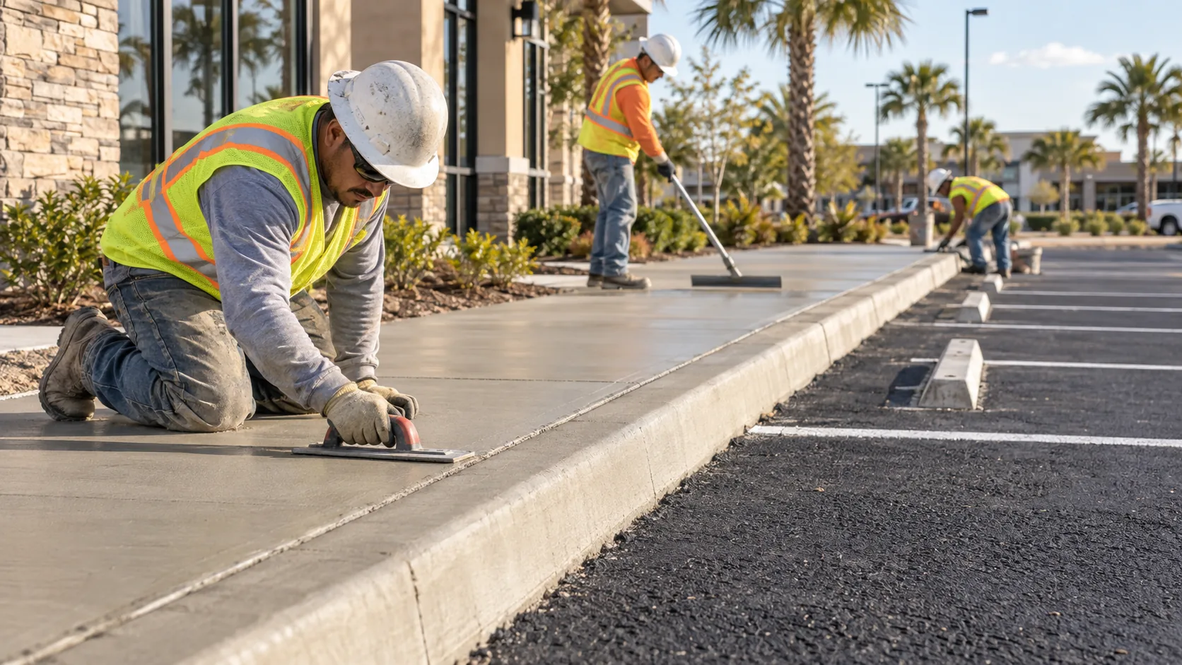 Concrete sidewalk and curb along a paved property