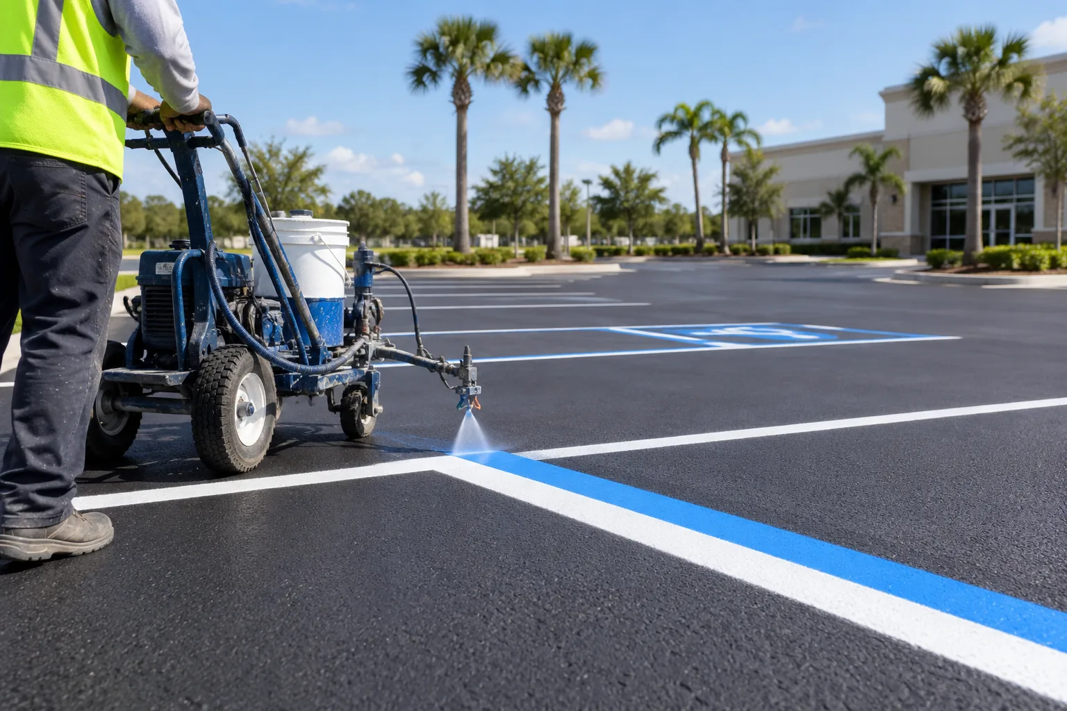 Parking lot with clearly visible pavement markings